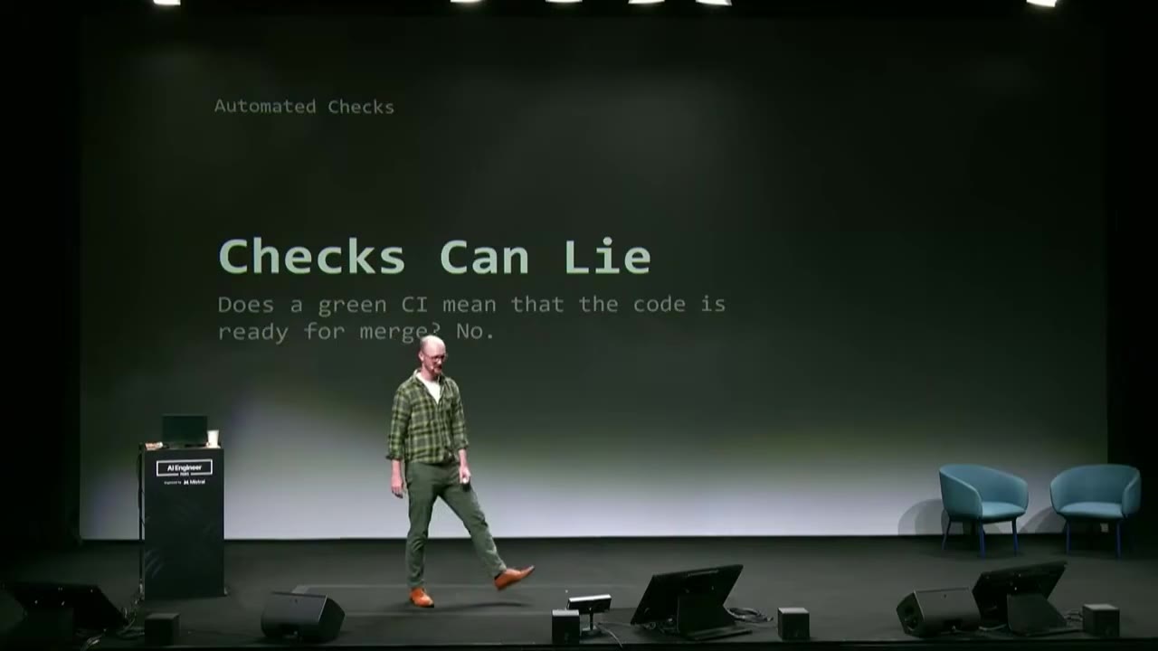 Checks Can Lie slide: does a green CI mean the code is ready for merge? No.