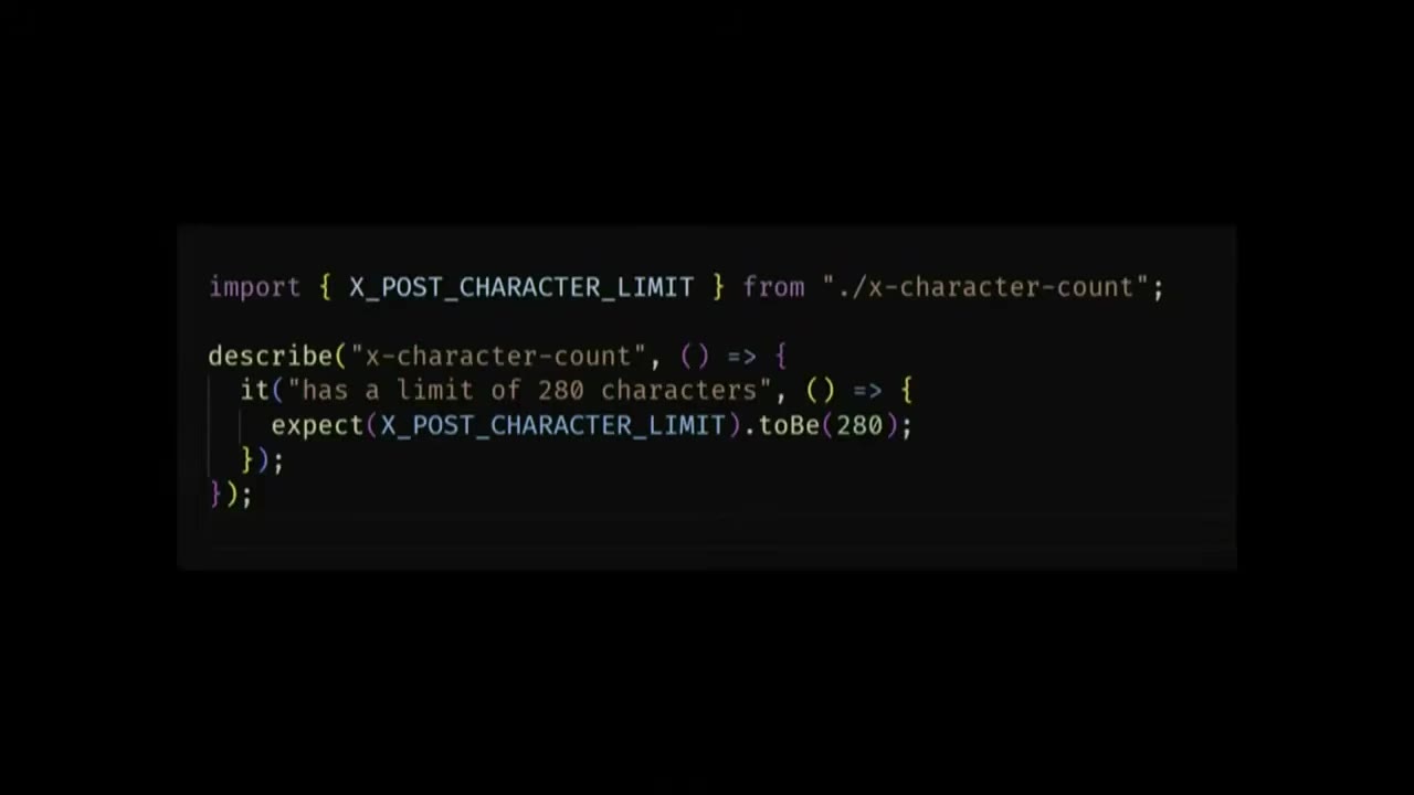 Full-screen code: describe x-character-count, expect(X_POST_CHARACTER_LIMIT).toBe(280)
