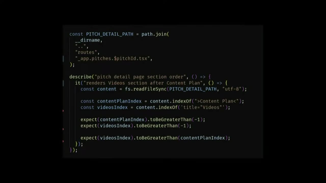 Full-screen code: readFileSync on the pitch detail route file, indexOf Content Plan vs Videos