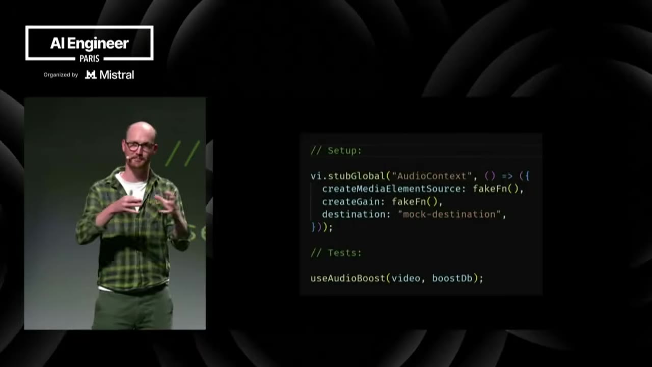 Code: vi.stubGlobal AudioContext with fake methods, then useAudioBoost(video, boostDb)