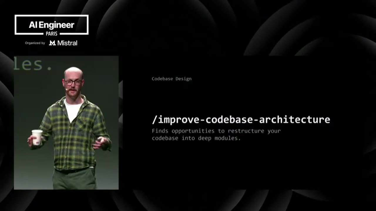 Skill slide: /improve-codebase-architecture finds opportunities to restructure your codebase into deep modules