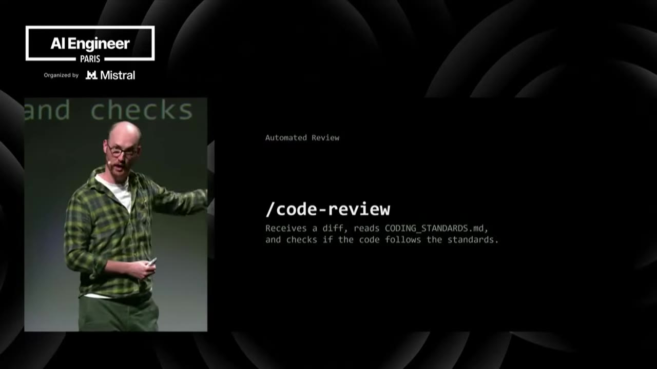 Skill slide: /code-review receives a diff, reads CODING_STANDARDS.md, and checks if the code follows the standards