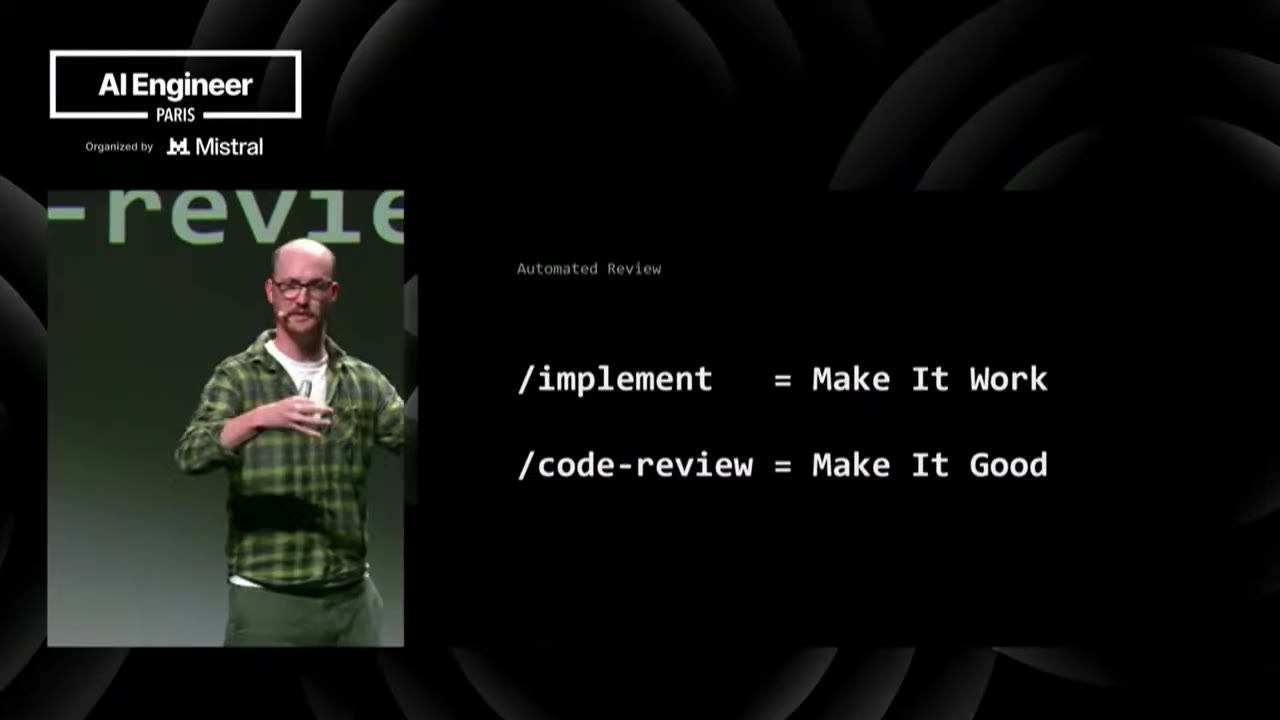 Slide: /implement = Make It Work, /code-review = Make It Good