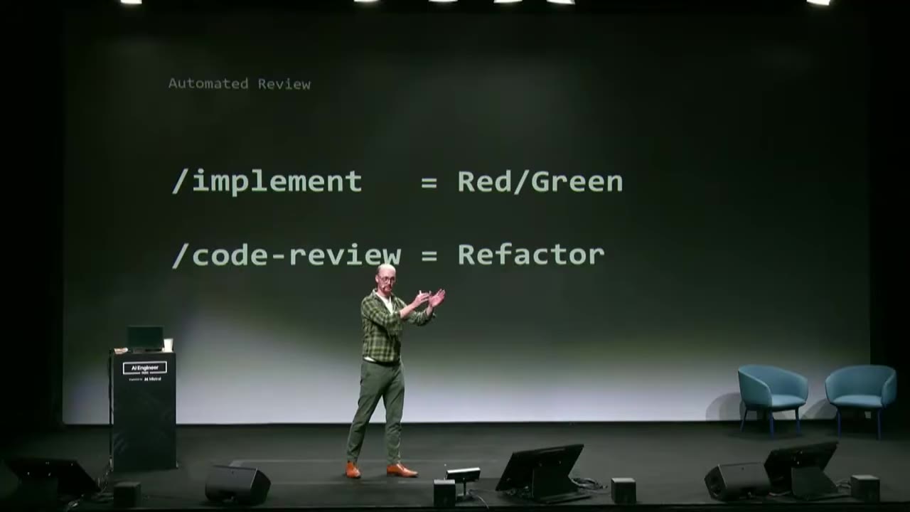 Slide: /implement = Red/Green, /code-review = Refactor
