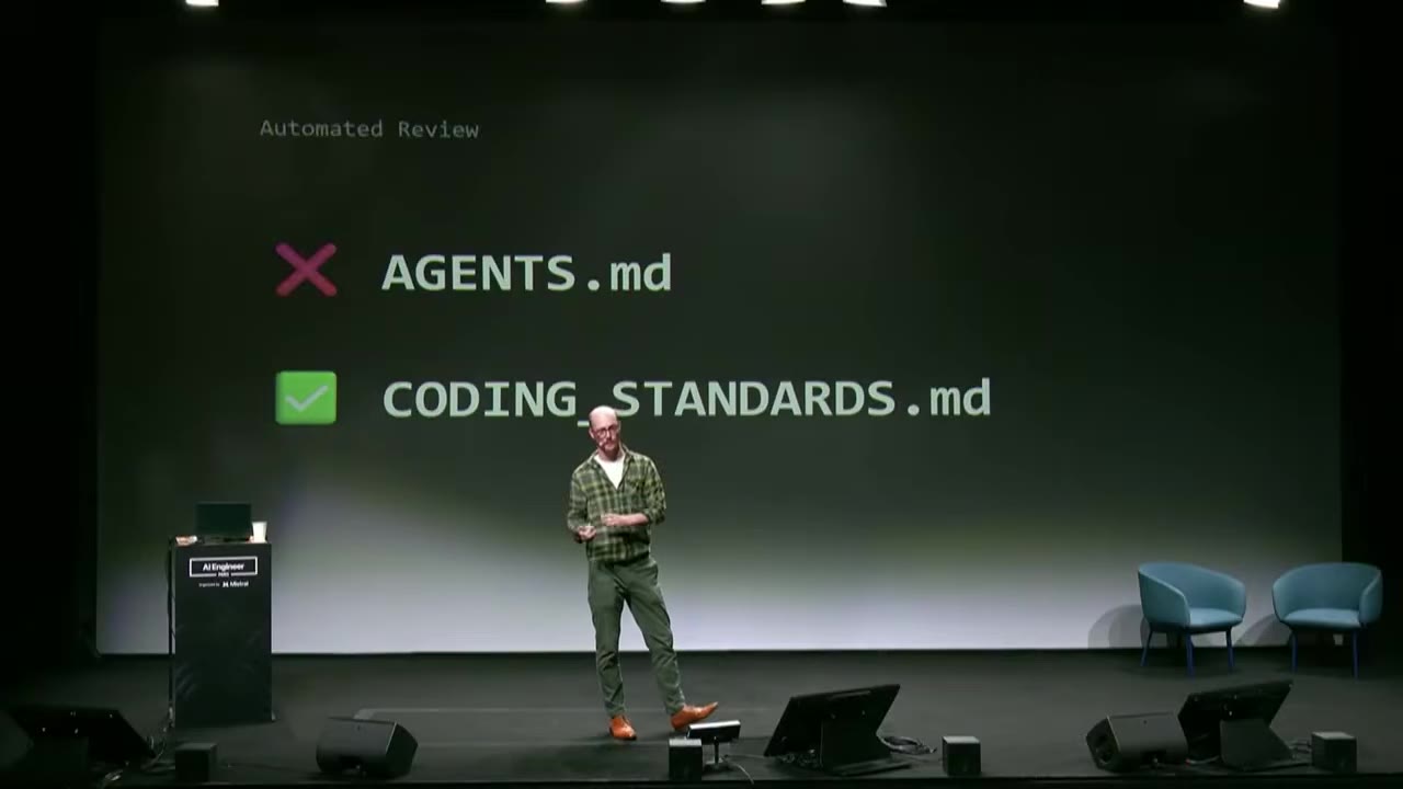 Slide: AGENTS.md crossed out, CODING_STANDARDS.md ticked