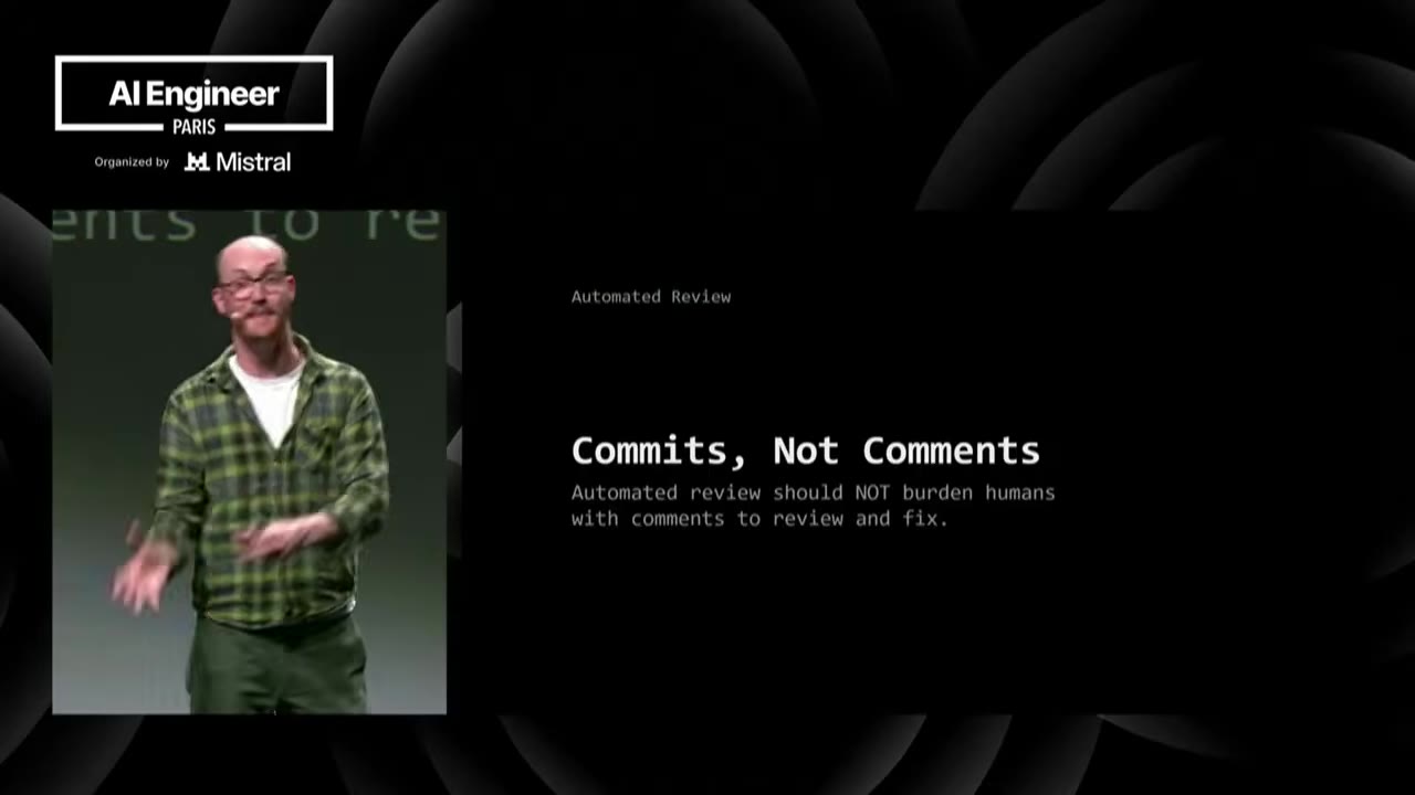 Slide: Commits, Not Comments, automated review should NOT burden humans with comments to review and fix