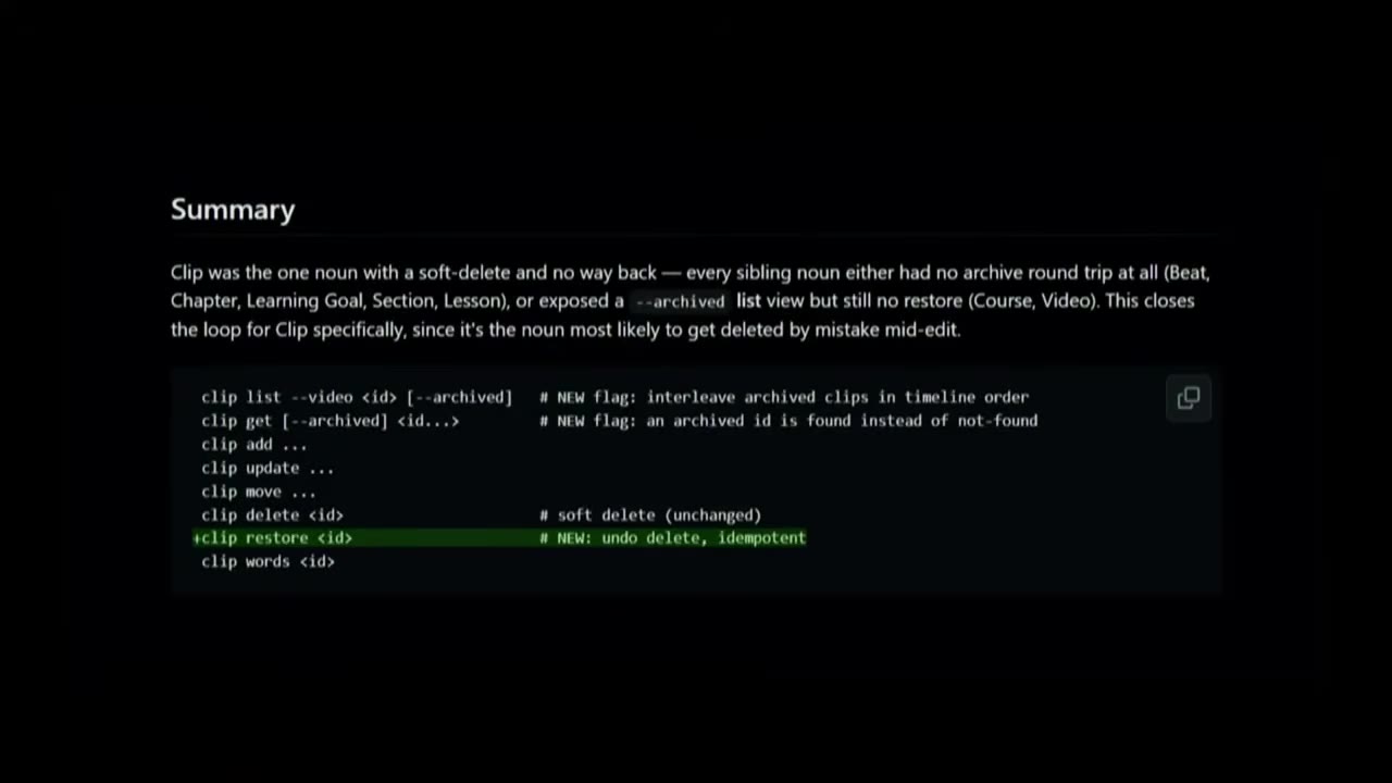PR body visual: Summary plus CLI command list with NEW flags for clip list/get/restore