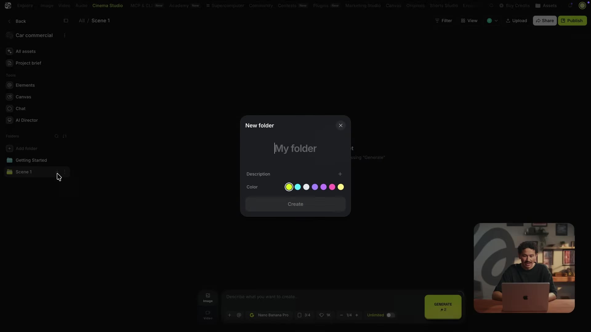 Cinema Studio new-folder dialog inside the "car commercial" project, Scene 1 already created
