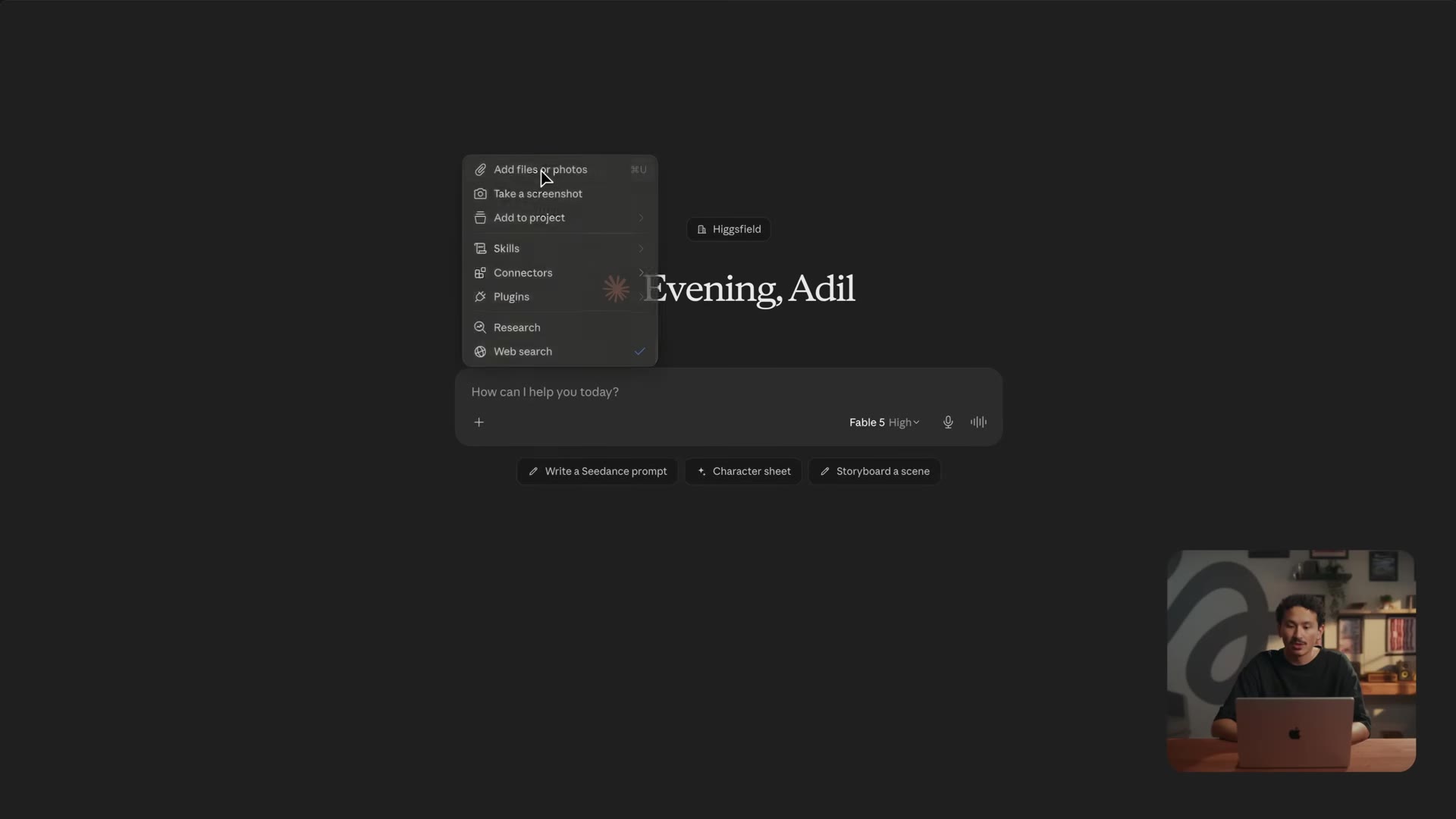 Claude home screen greeting "Evening, Adil" with a Higgsfield connector chip and Seedance/Character-sheet/Storyboard quick actions