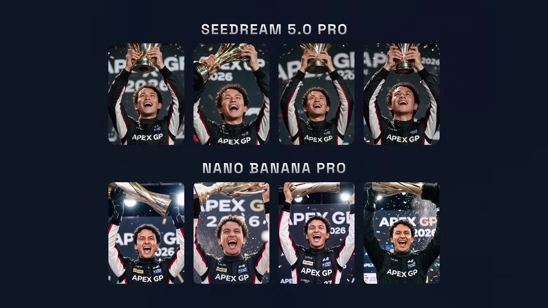 On-screen model comparison grid: Seedream 5.0 Pro (top row) vs Nano Banana Pro (bottom row), champion raising a trophy