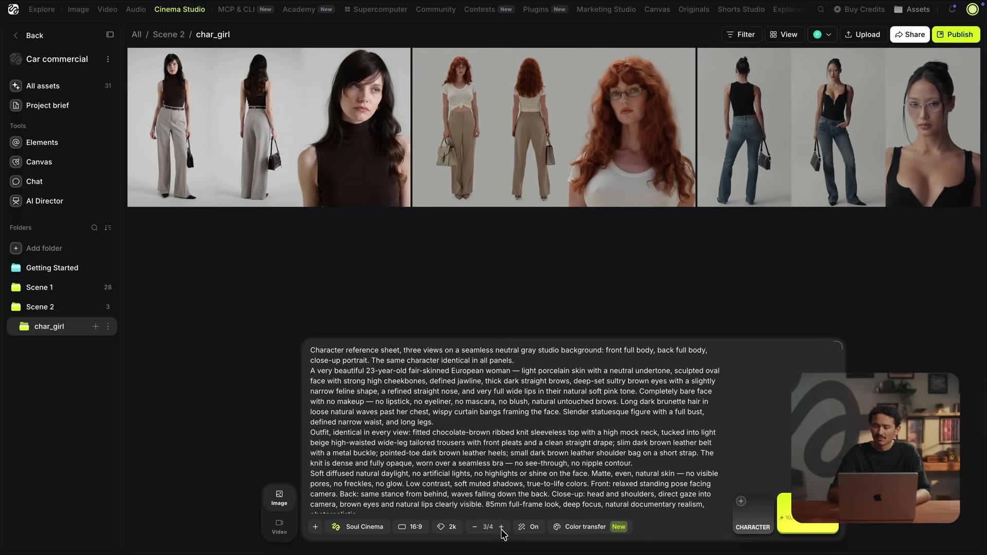Three casting versions of the female lead side by side with the Soul Cinema character-sheet prompt