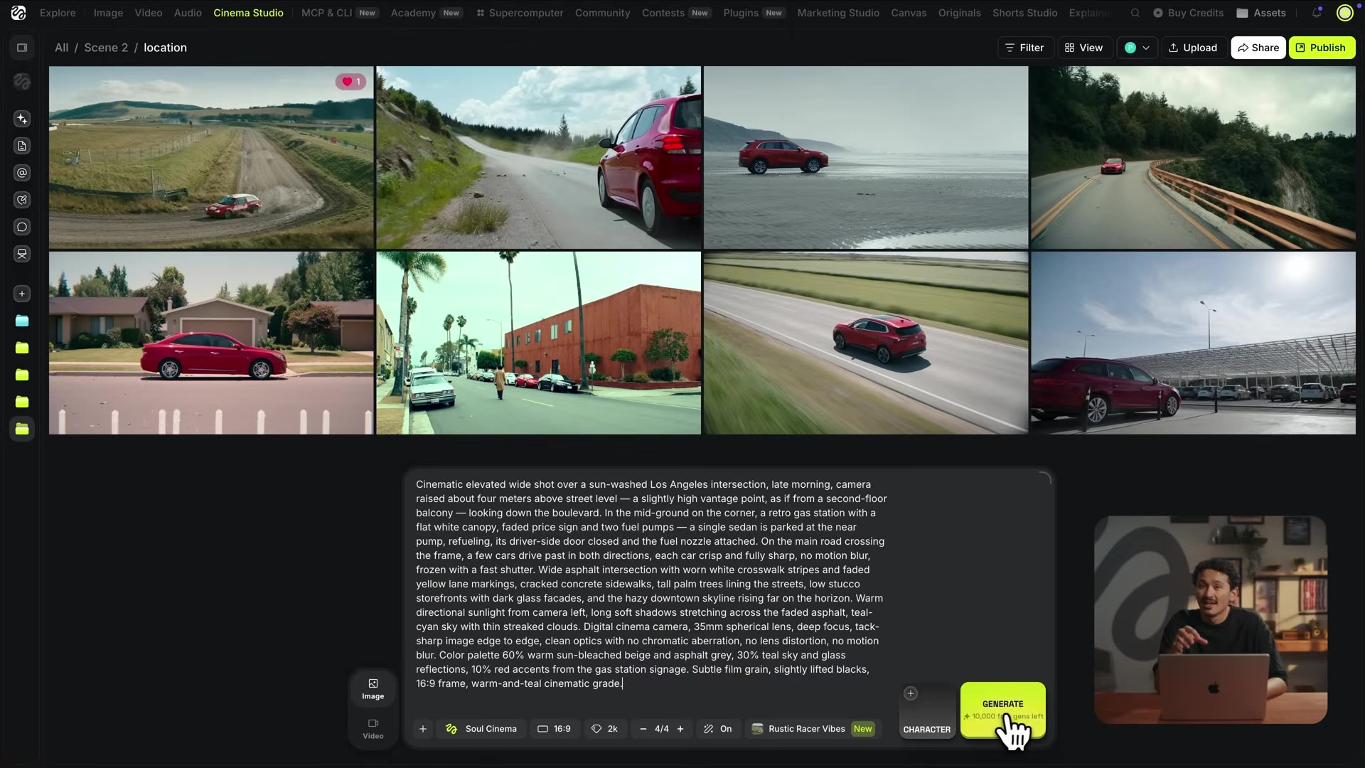 Eight-panel multi-shot driving generation grid with the full detailed Soul Cinema prompt