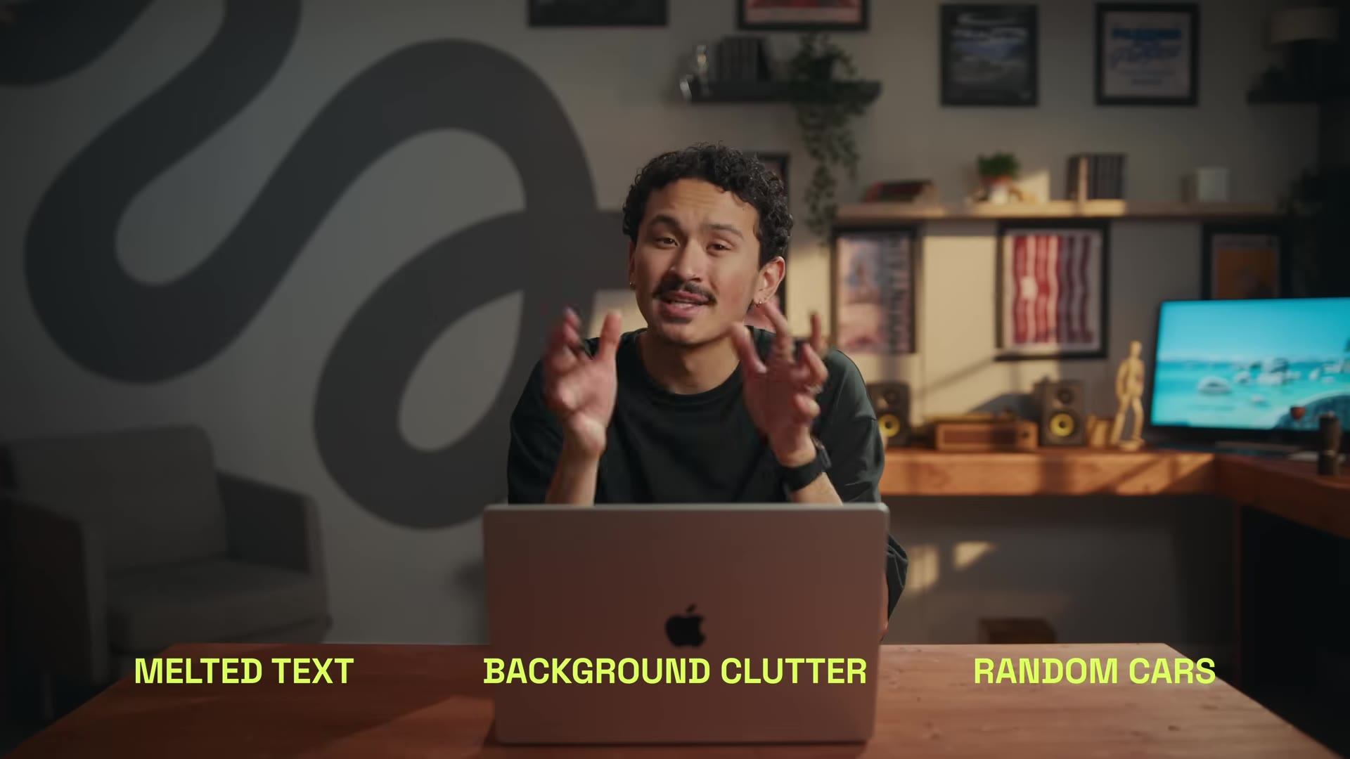 On-screen labels over the presenter: MELTED TEXT / BACKGROUND CLUTTER / RANDOM CARS