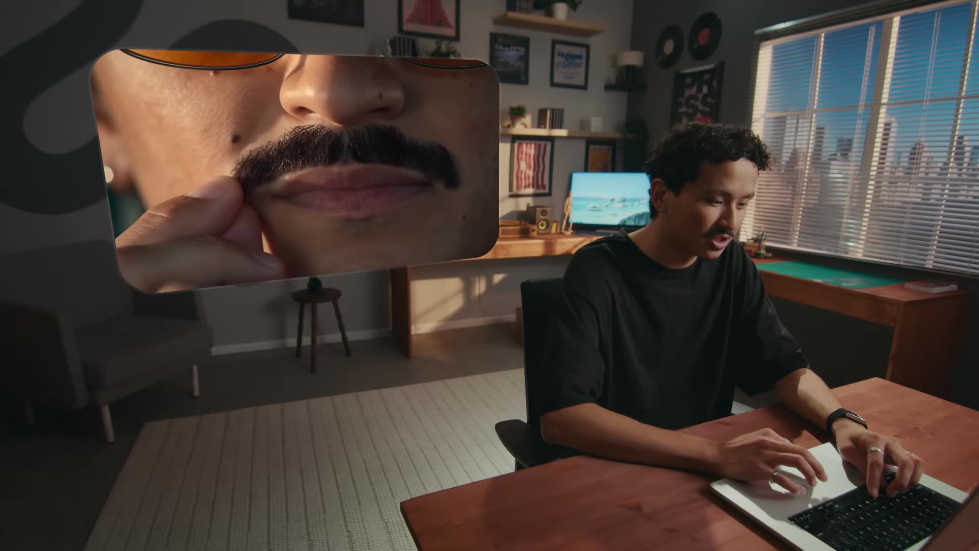 Mustache peel-off shot: the skin tugging as the fake mustache comes off