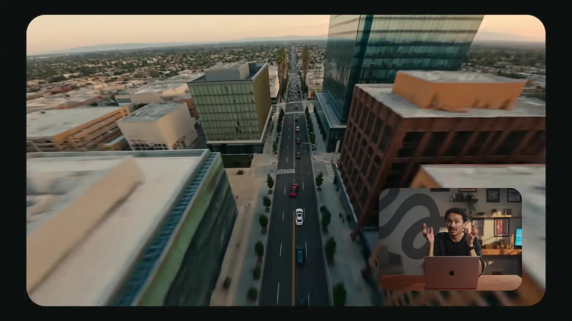 Downtown FPV drone shot following the car down a boulevard