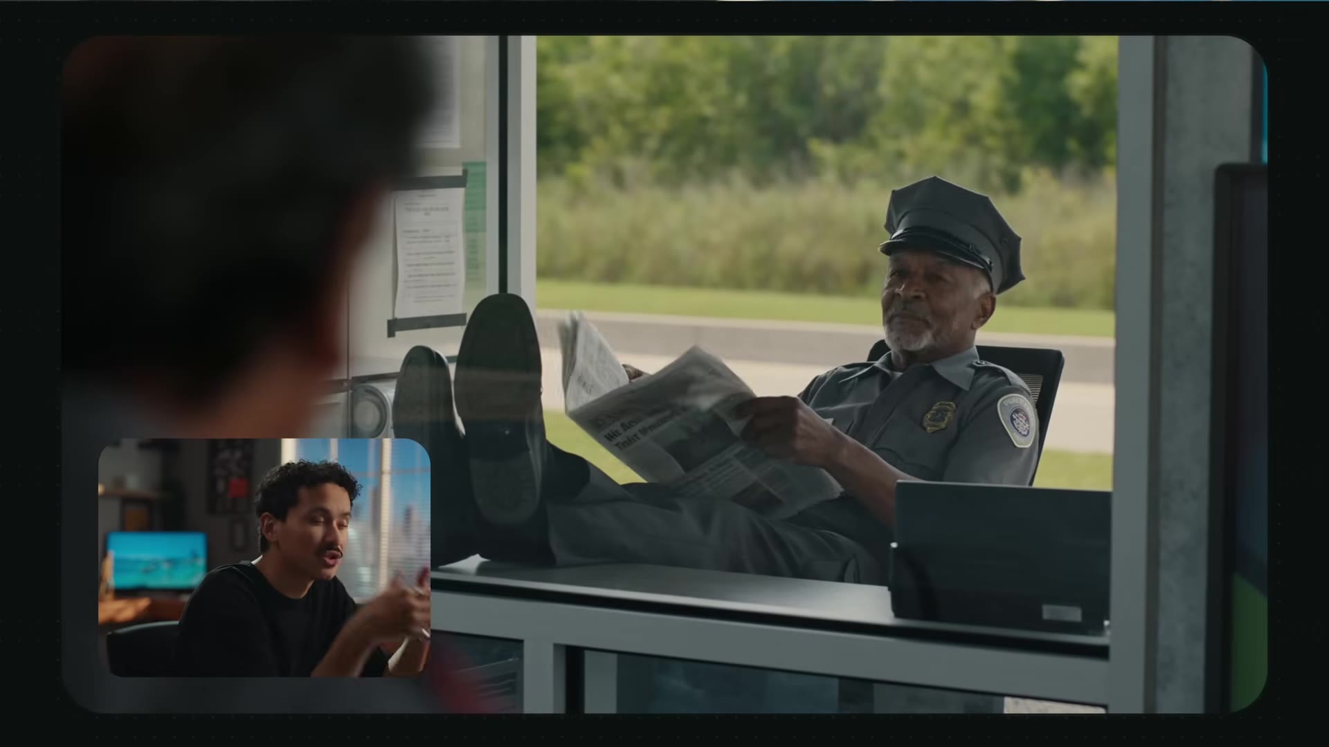 Checkpoint scene: controller reading the separately-generated newspaper prop