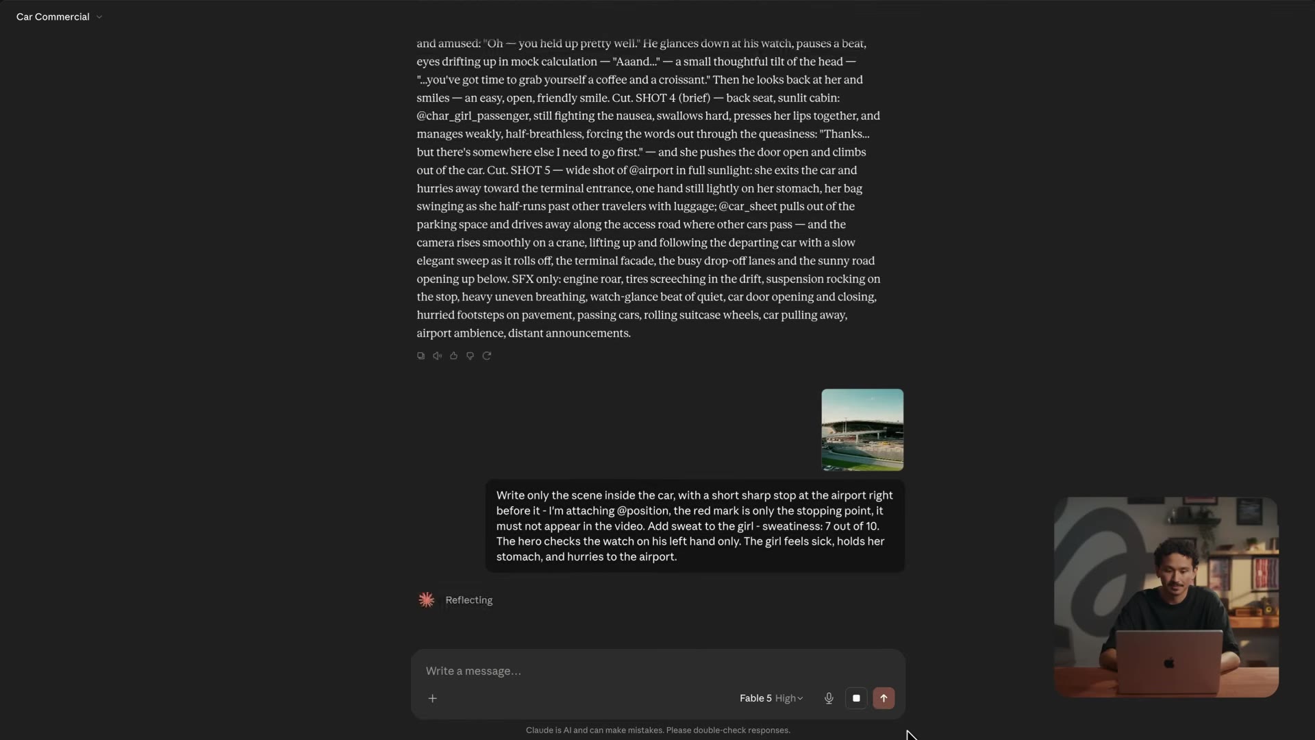 Claude prompt using the @position red-mark element plus a full 5-shot split referencing @char_girl_passenger, @airport, and @car_sheet