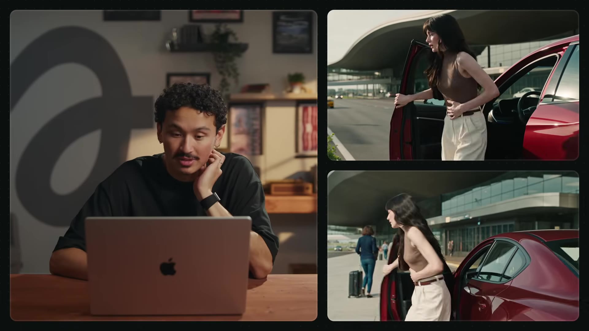 Airport drift result: girl exiting the car at the terminal, two-panel