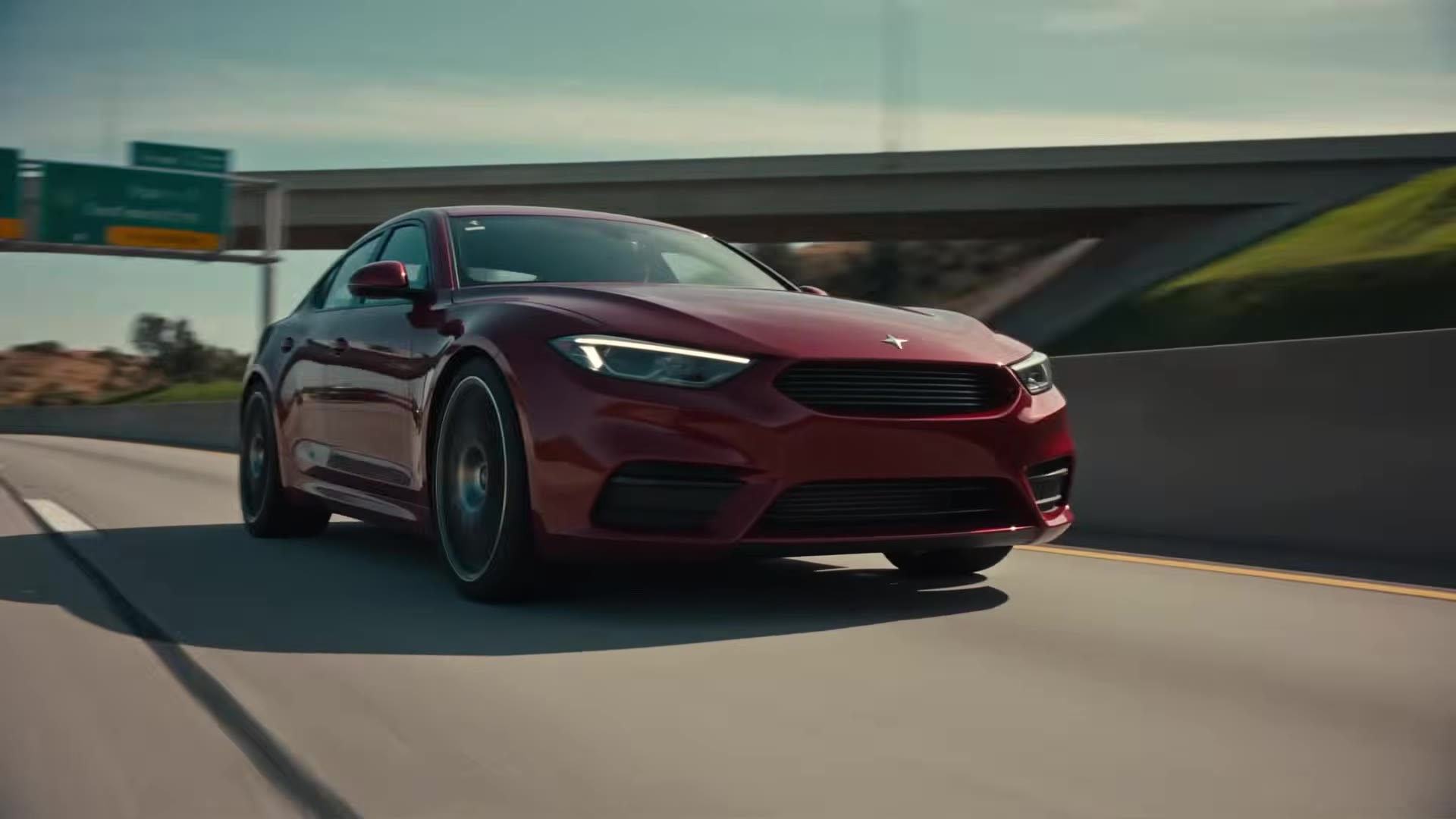 Finale hero: GENOVA sedan front 3/4 on the highway, 4-point-star grille logo