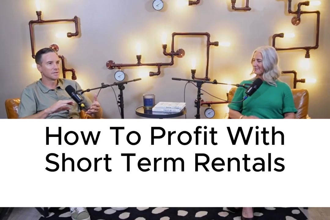 Intro title card over the studio two-shot: host Phil Sexton on the left, short-term-rental manager Christine Corbett on the right, with the on-screen title How To Profit With Short Term Rentals