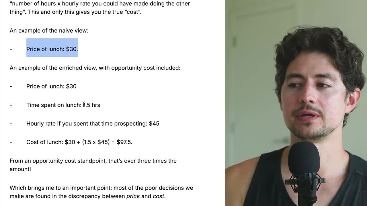 Opportunity cost of a $30 lunch: $30 + 1.5 hrs x $45 = $97.50