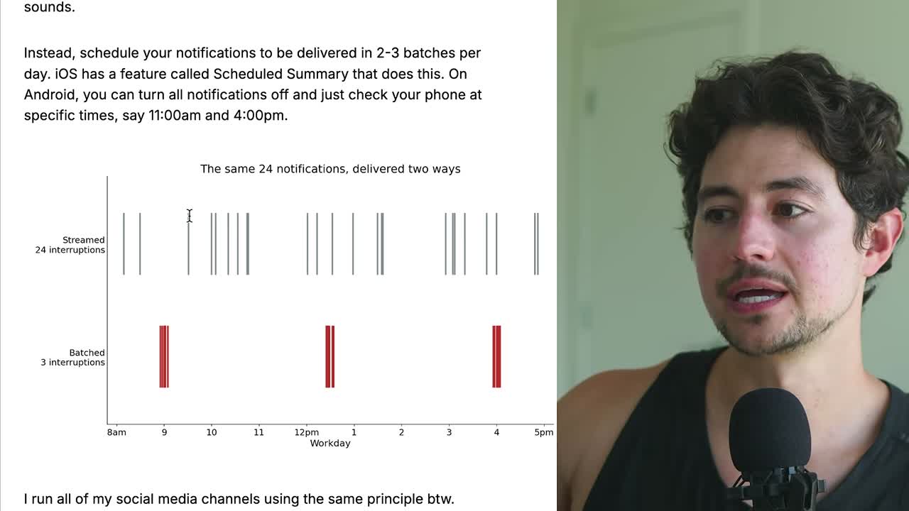 The same 24 notifications delivered two ways: streamed all day vs batched into 3