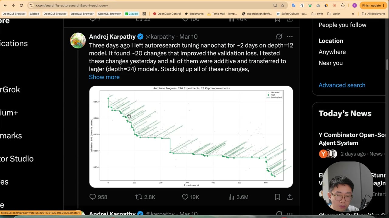 Andrej Karpathy tweet: 276 experiments, 29 kept improvements, with a validation-loss chart