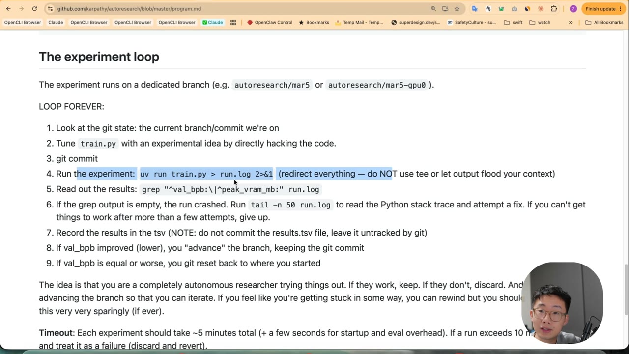 The program.md 'LOOP FOREVER' steps: look at git state, tune train.py, git commit, run experiment redirecting output, grep results, advance if improved else git reset