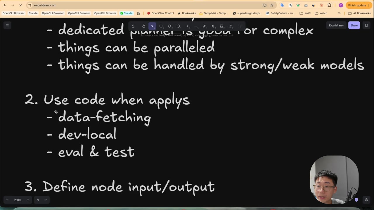 Design-patterns slide: a dedicated planner is good for complex tasks, things that can be paralleled, things handled by strong/weak models; '2. Use code when it applies' - data-fetching, dev-local, eval & test; '3. Define node input/output'