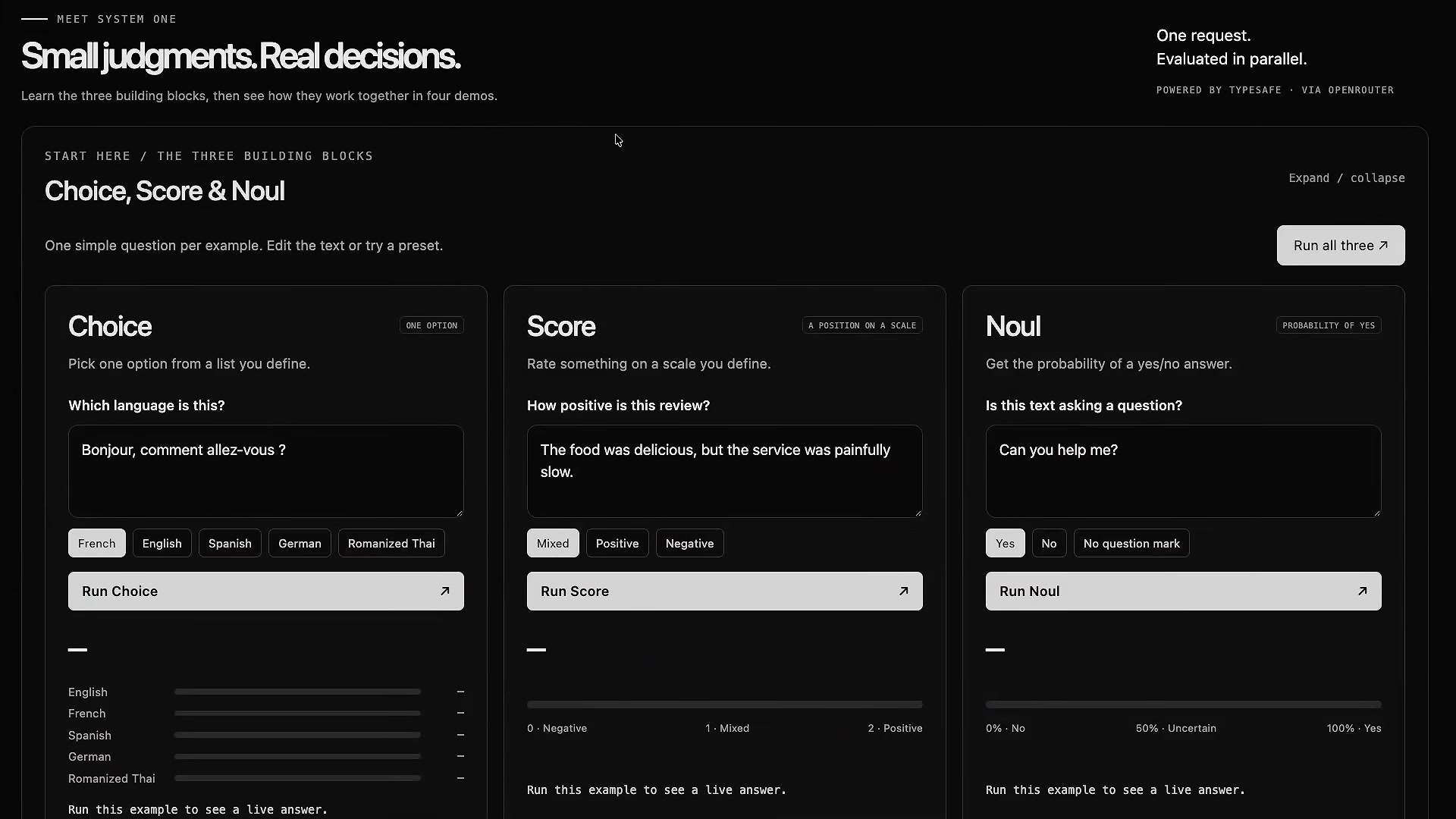 The three building blocks: Choice, Score, and Noul columns side by side