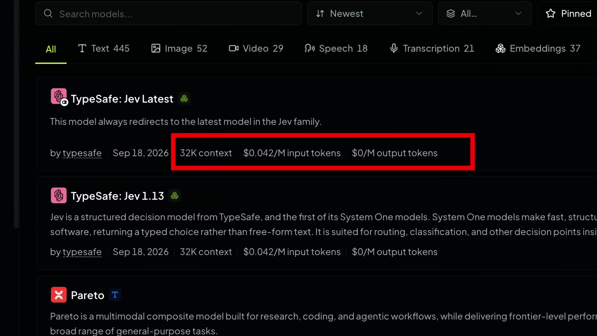 OpenRouter model page showing Jev pricing and description