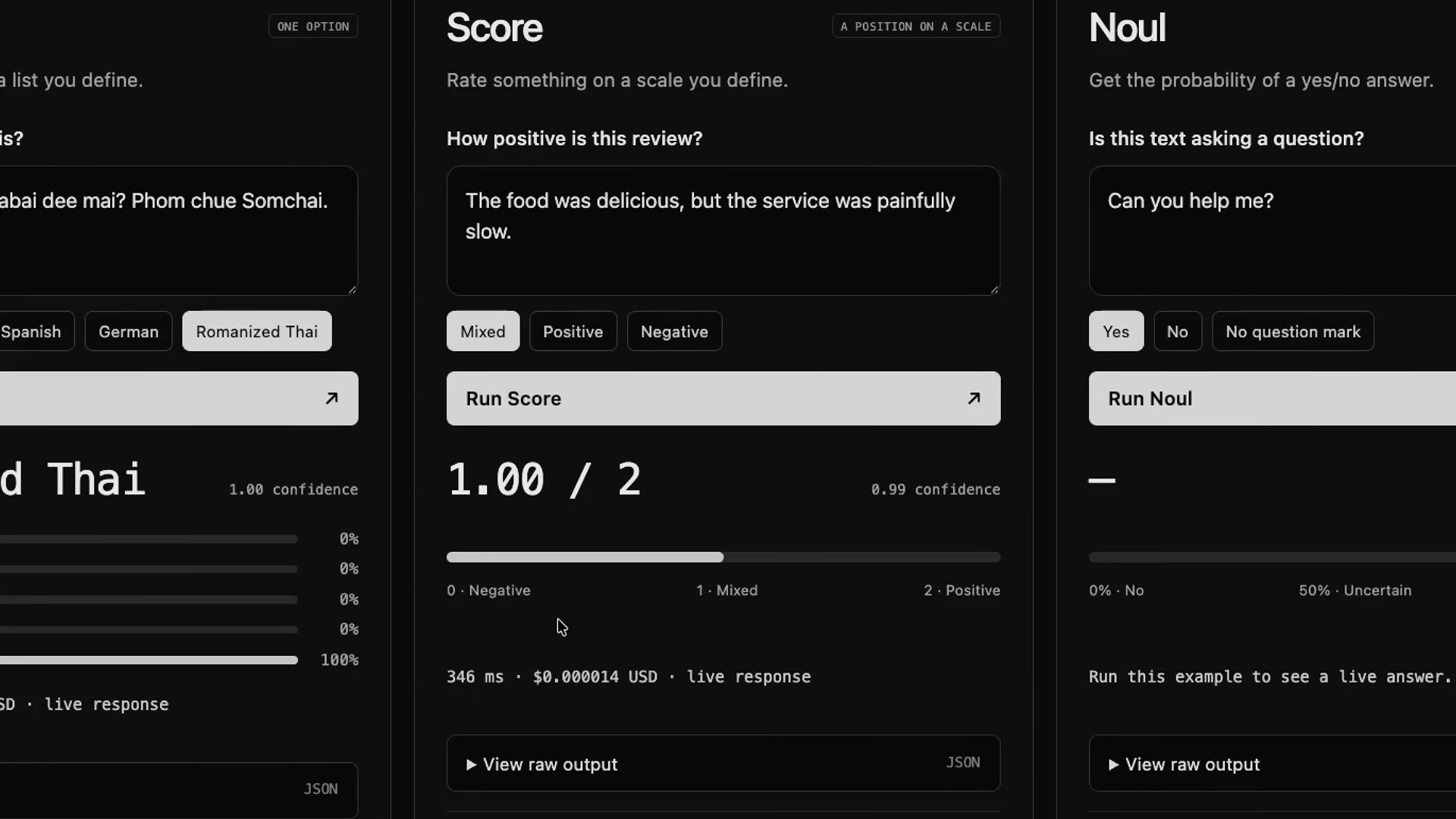 Score demo: mixed review scored 1.00 out of 2