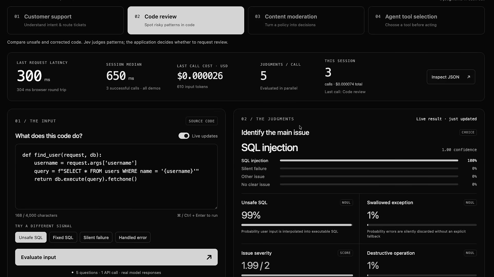 Code review demo: SQL injection detected at 100 percent