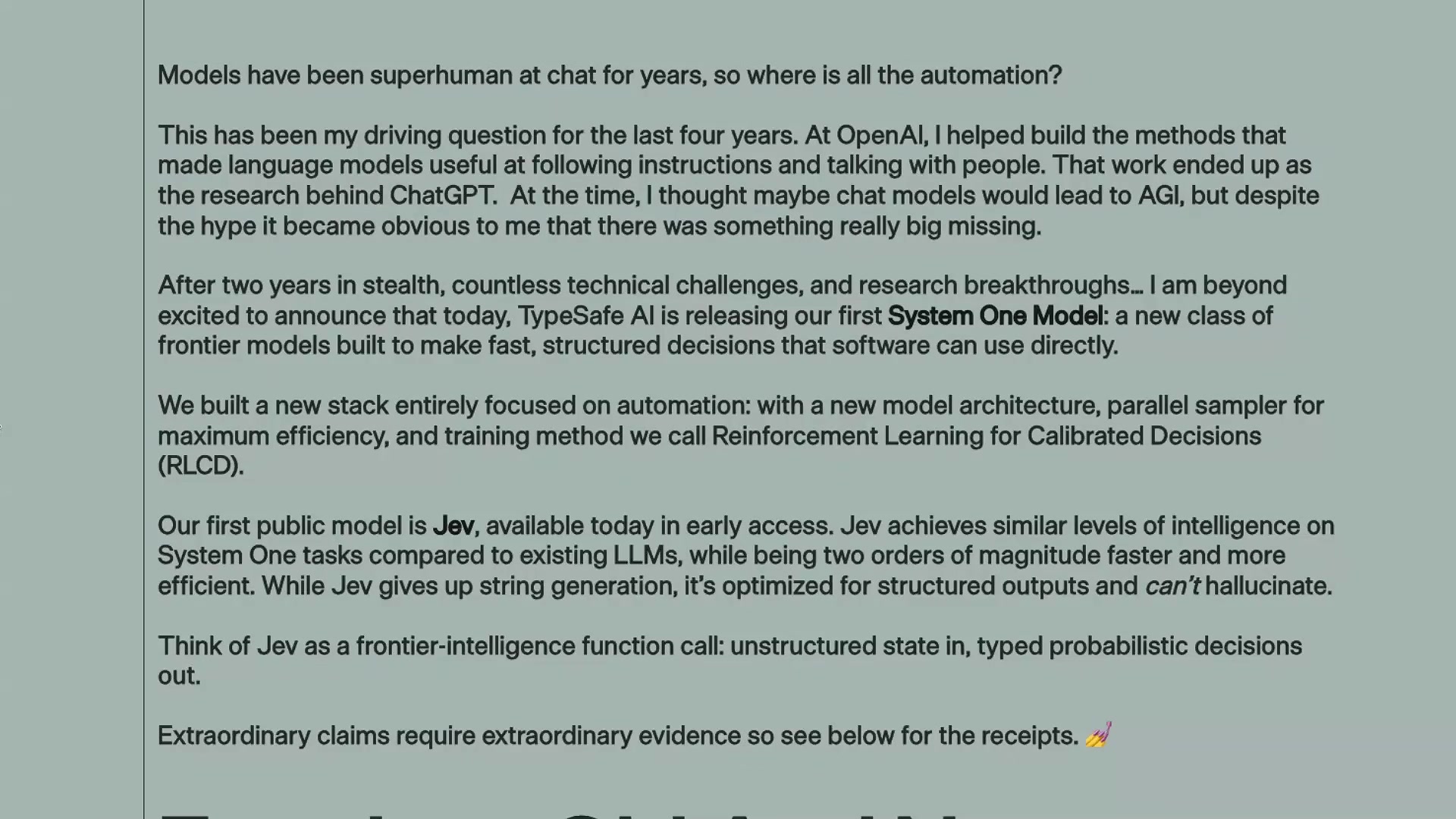 Founder statement slide announcing the System One model and RLCD