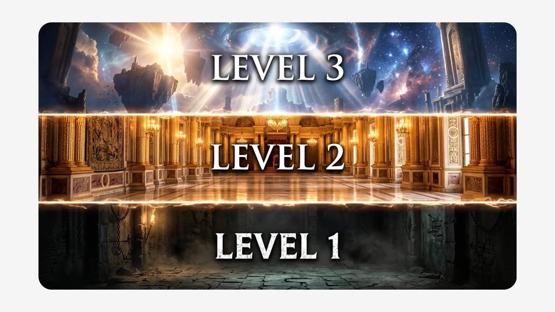 Three-levels overview graphic: Level 1 (dungeon), Level 2 (golden hall), Level 3 (cosmos).