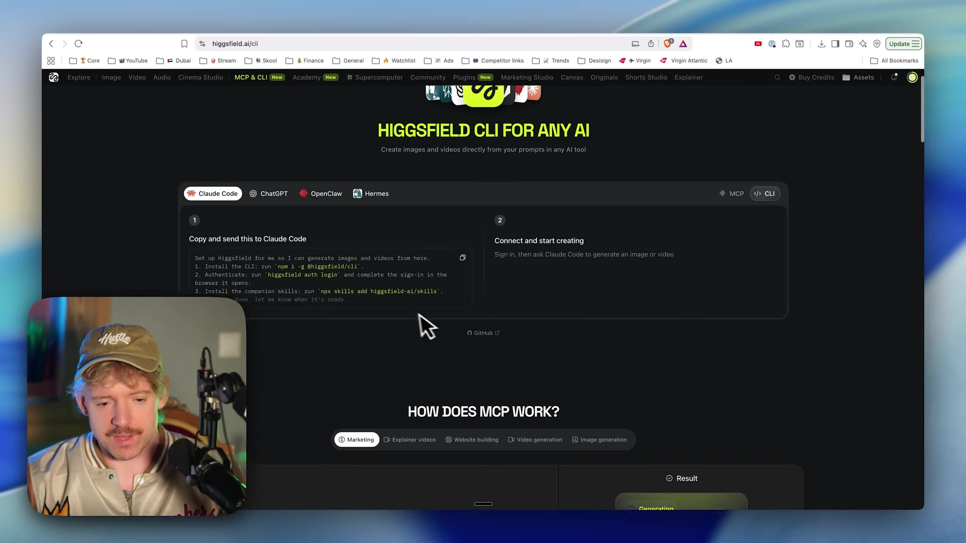 higgsfield.ai/cli page: "Higgsfield CLI for any AI", with tabs for Claude Code / ChatGPT / OpenClaw / Hermes, and step 1 showing install commands.