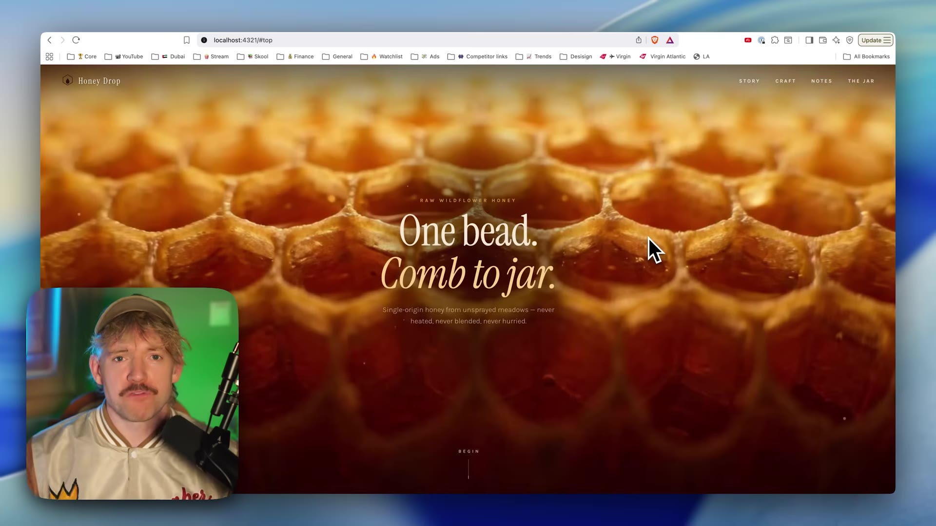 Honey Drop website hero: full-bleed backlit honeycomb with "One bead. Comb to jar." and "Single-origin honey from unsprayed meadows — never heated, never blended, never hurried."