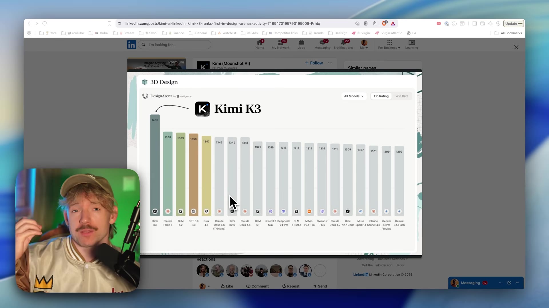 DesignArena "3D Design" Elo leaderboard (from Kimi/Moonshot's LinkedIn post): Kimi K3 ranks #1 at 1450, ahead of ~20 models.