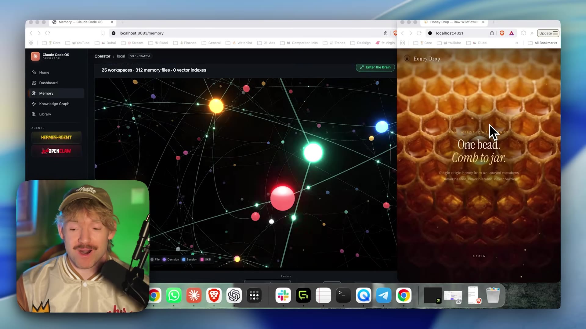 Mobile-portrait Honey Drop site ("One bead. Comb to jar." adapted to a narrow viewport) shown beside the Claude Code OS knowledge-graph panel.