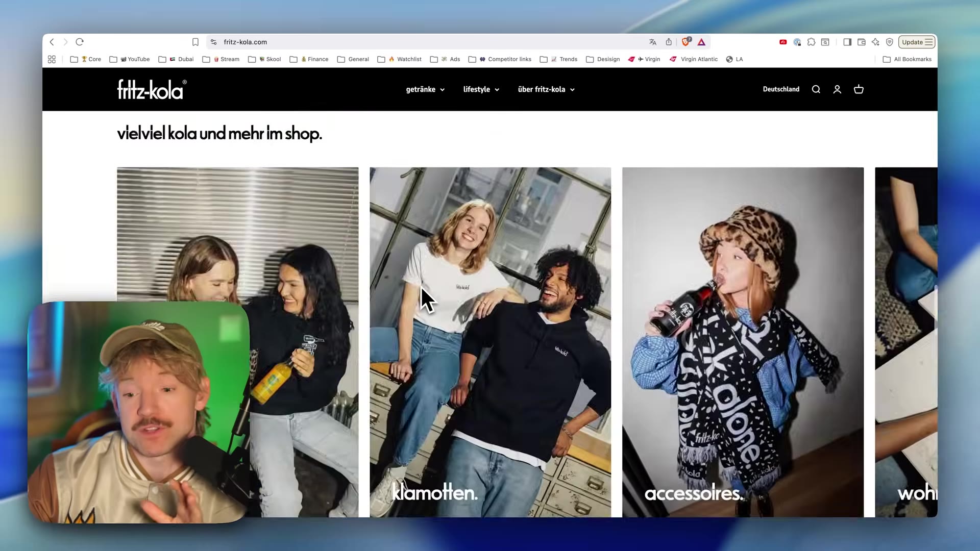 Real fritz-kola.com website: black-and-white brand identity, lifestyle photography, "vielviel kola und mehr im shop".