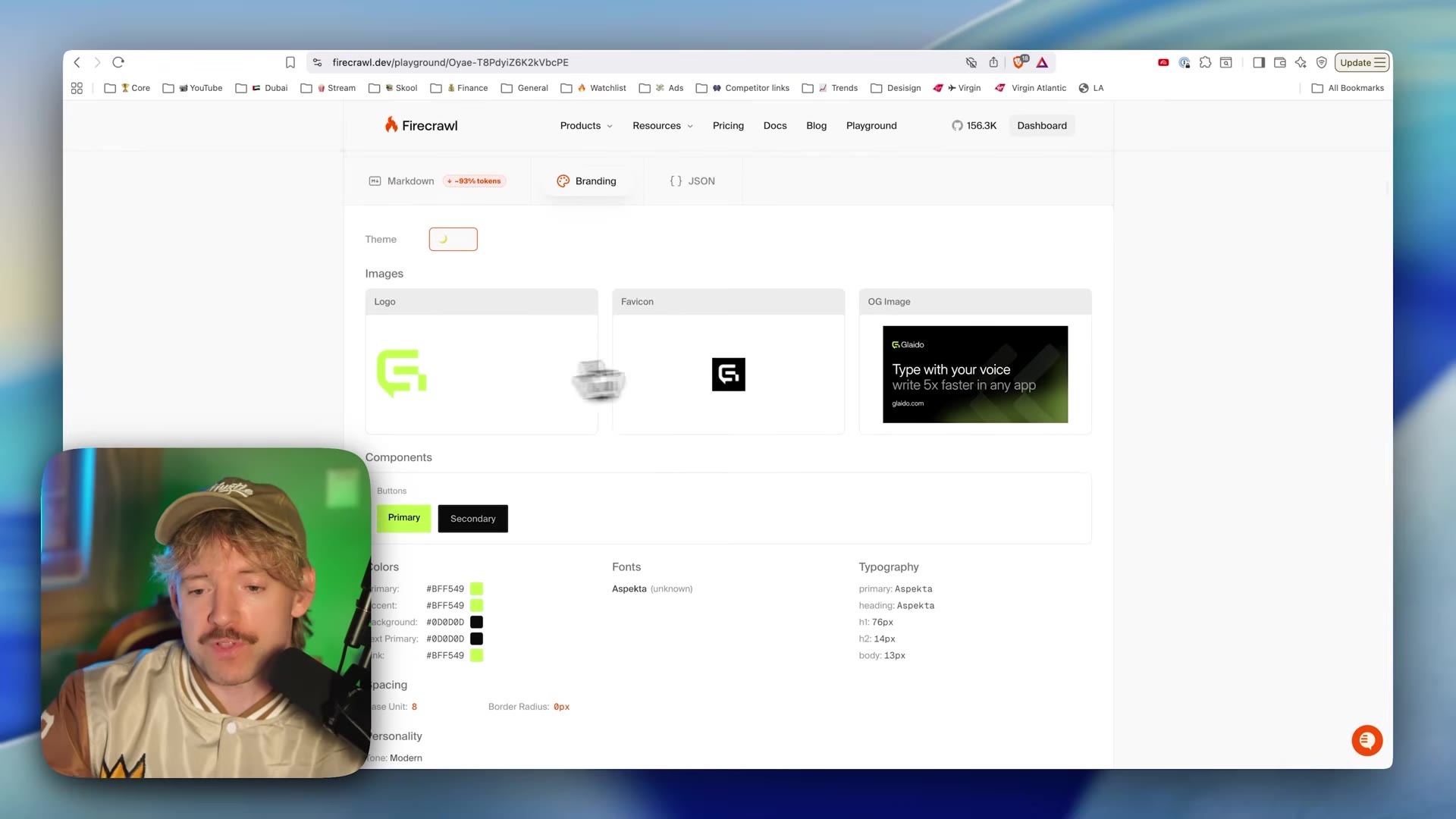 Firecrawl playground "Branding" tab for an extracted site: logo, favicon, OG image, primary/secondary buttons, colour tokens (#BFF549, #0D0D0D), font (Aspekta), type scale (h1 76px, h2 14px, body 13px), spacing base unit 8, tone "Modern". A Markdown tab shows "~93% tokens".