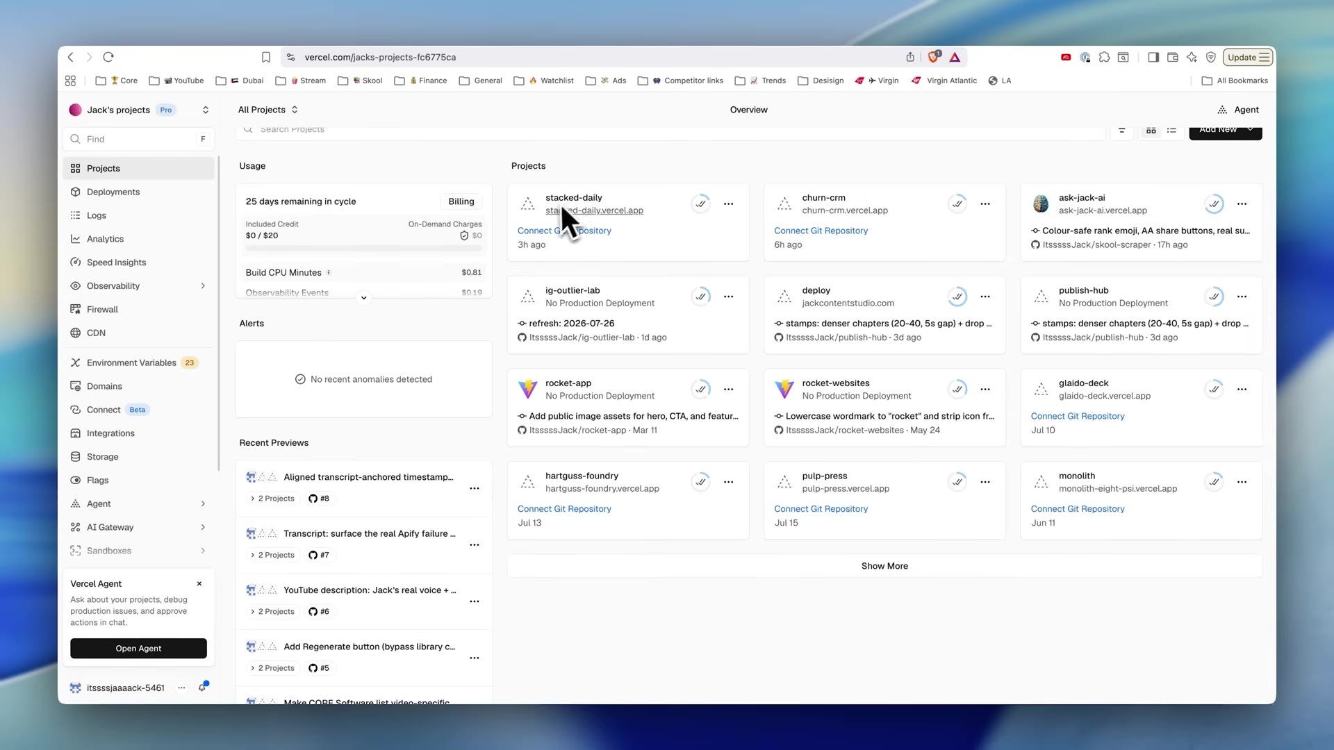 Vercel "Jack's projects (Pro)" dashboard: usage panel ($0/$20 included credit, $0.81 build CPU minutes) and a grid of deployed .vercel.app projects.