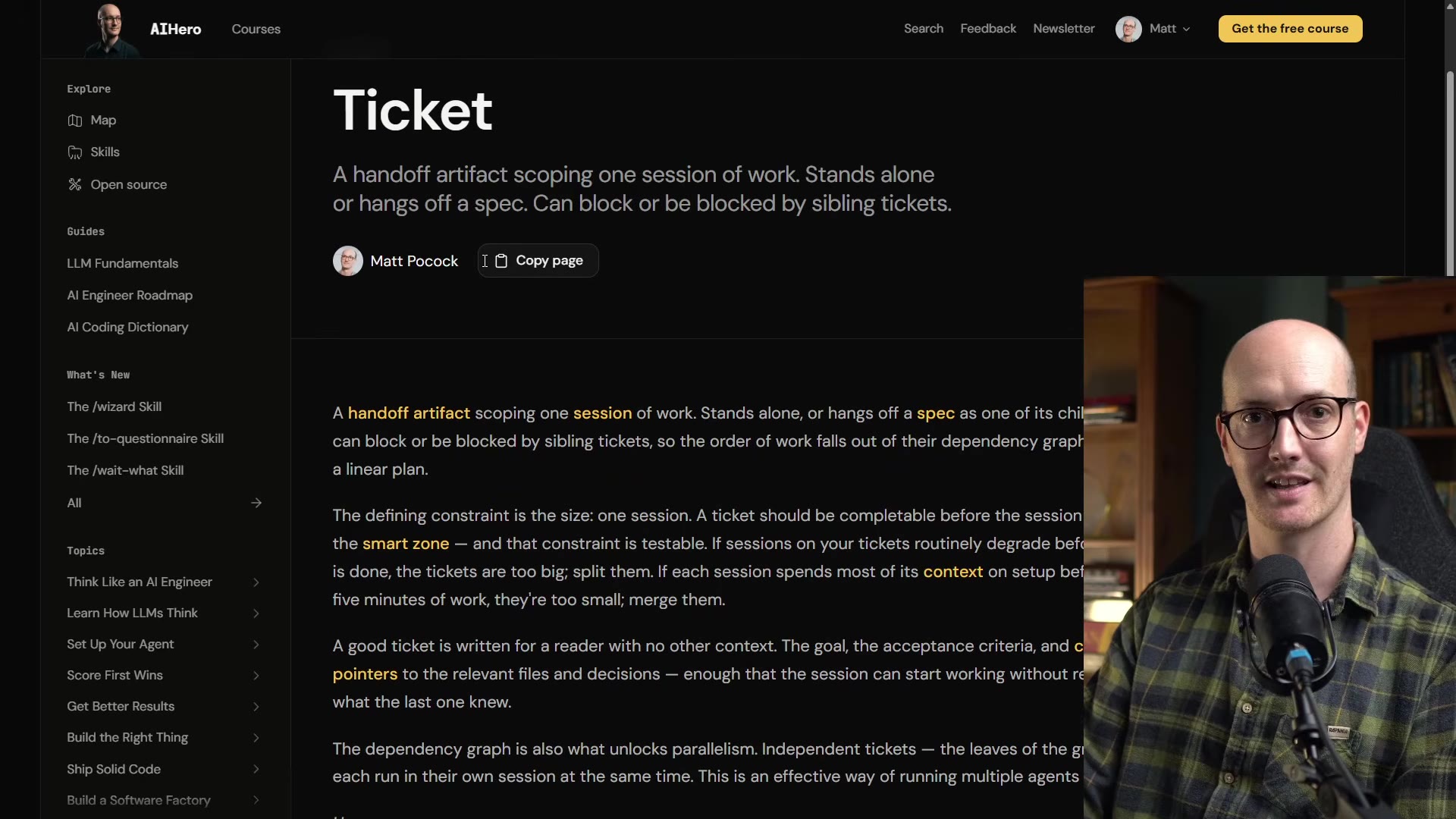 The AI Coding Dictionary entry for "Ticket": "A handoff artifact scoping one session of work. Stands alone or hangs off a spec. Can block or be blocked by sibling tickets," with a Copy page button and a body explaining the one-session size constraint and the dependency graph that unlocks parallelism