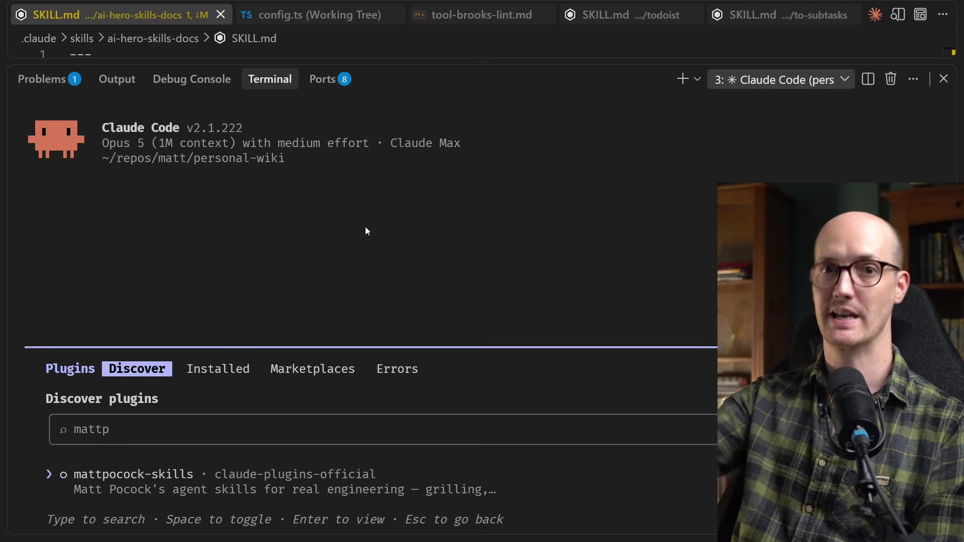 Claude Code /plugin Discover tab with search "mattp" returning "mattpocock-skills - claude-plugins-official - Matt Pocock's agent skills for real engineering - grilling,..."; tabs for Discover, Installed, Marketplaces, Errors