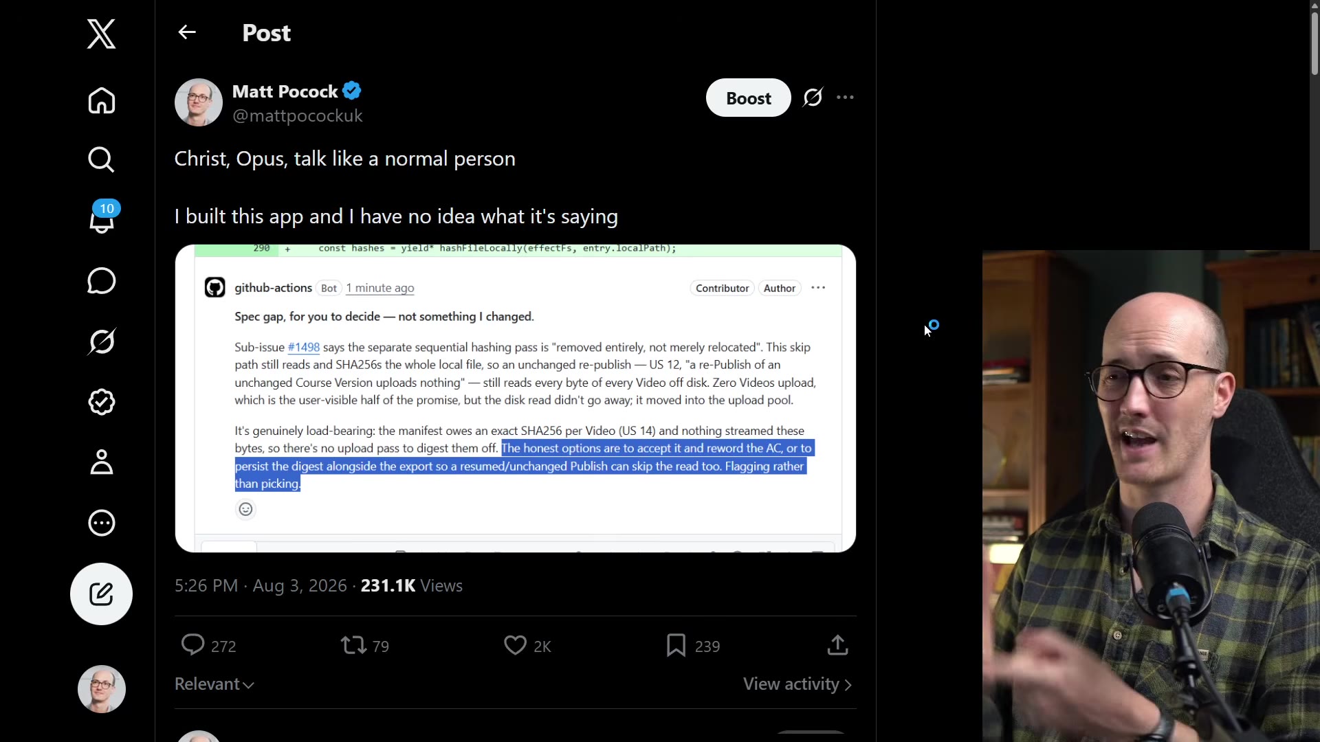 Matt Pocock's X post "Christ, Opus, talk like a normal person / I built this app and I have no idea what it's saying," over a screenshot of a verbose github-actions bot comment full of load-bearing jargon; 231.1K views