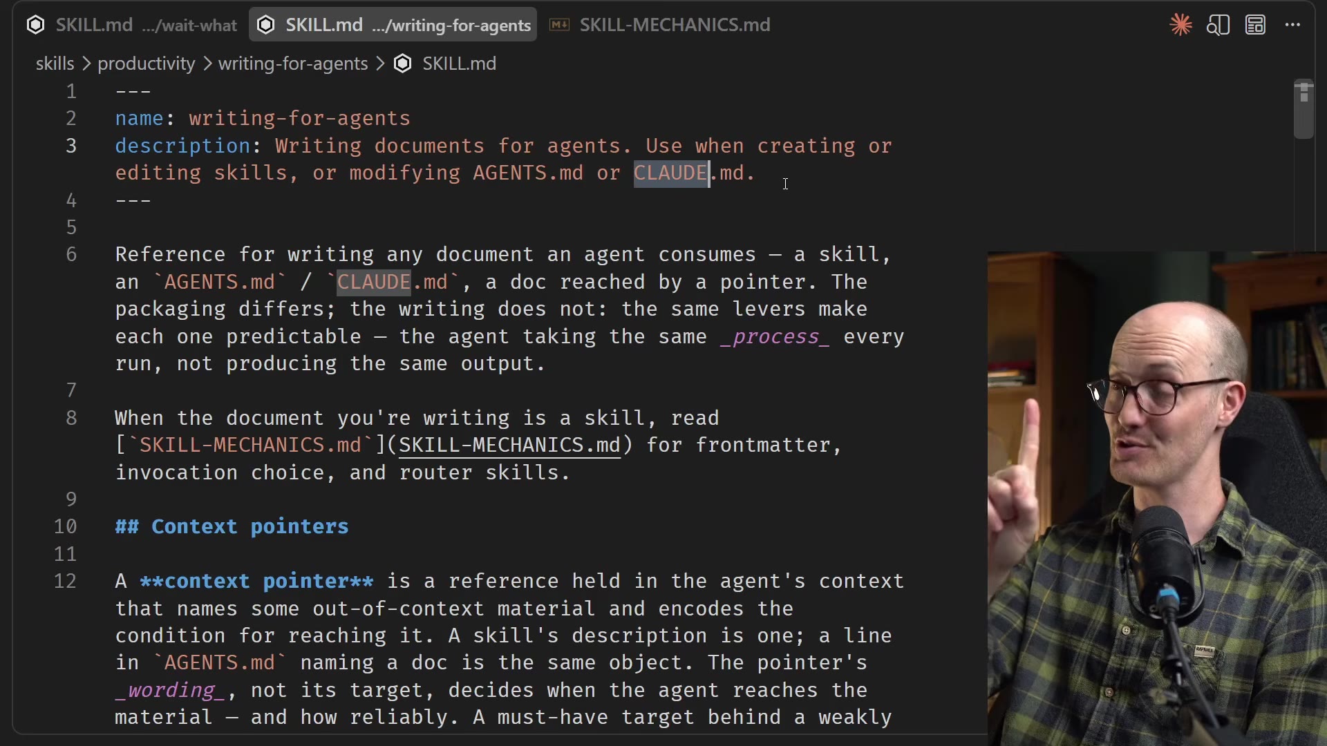 writing-for-agents SKILL.md: description "Writing documents for agents. Use when creating or editing skills, or modifying AGENTS.md or CLAUDE.md."; body explains it is a reference for any agent-read doc, that packaging differs but the writing does not (same levers make each predictable, the agent taking the same process every run), and that when writing a skill it reads SKILL-MECHANICS.md; a "## Context pointers" section begins