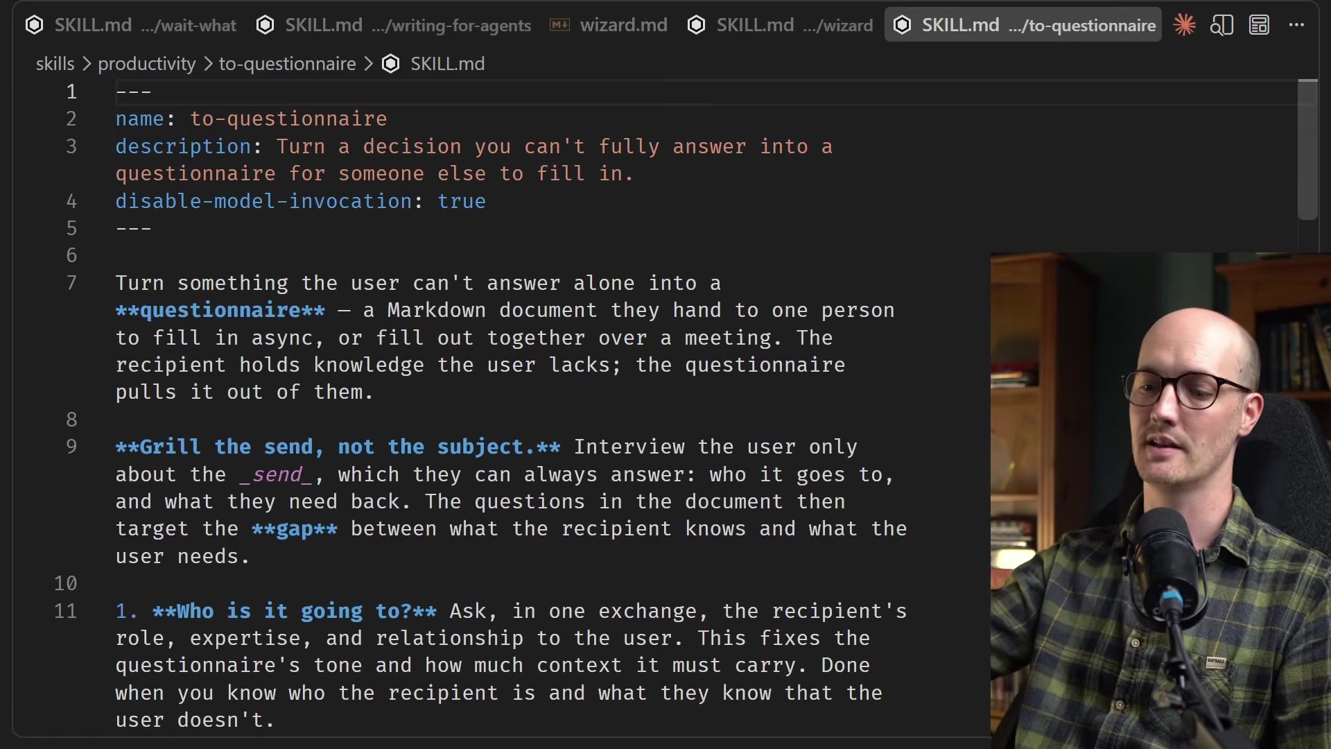 to-questionnaire SKILL.md: description "Turn a decision you can't fully answer into a questionnaire for someone else to fill in.", disable-model-invocation: true; body "Turn something the user can't answer alone into a questionnaire - a Markdown document they hand to one person to fill in async, or fill out together over a meeting... Grill the send, not the subject."