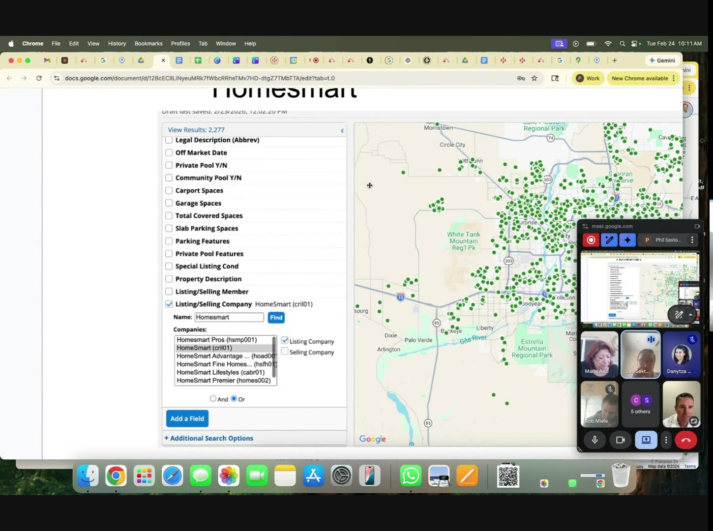 ARMLS advanced search filtered to Listing/Selling Company HomeSmart, showing 2,277 active results plotted across the Phoenix metro