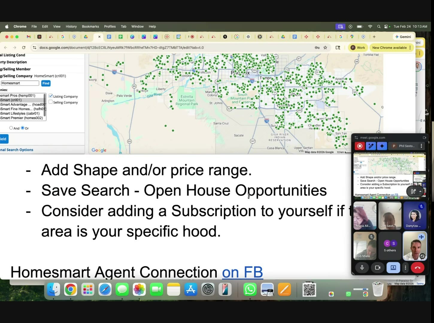 Class-notes slide listing the three saved-search refinement steps over the full-metro listing map