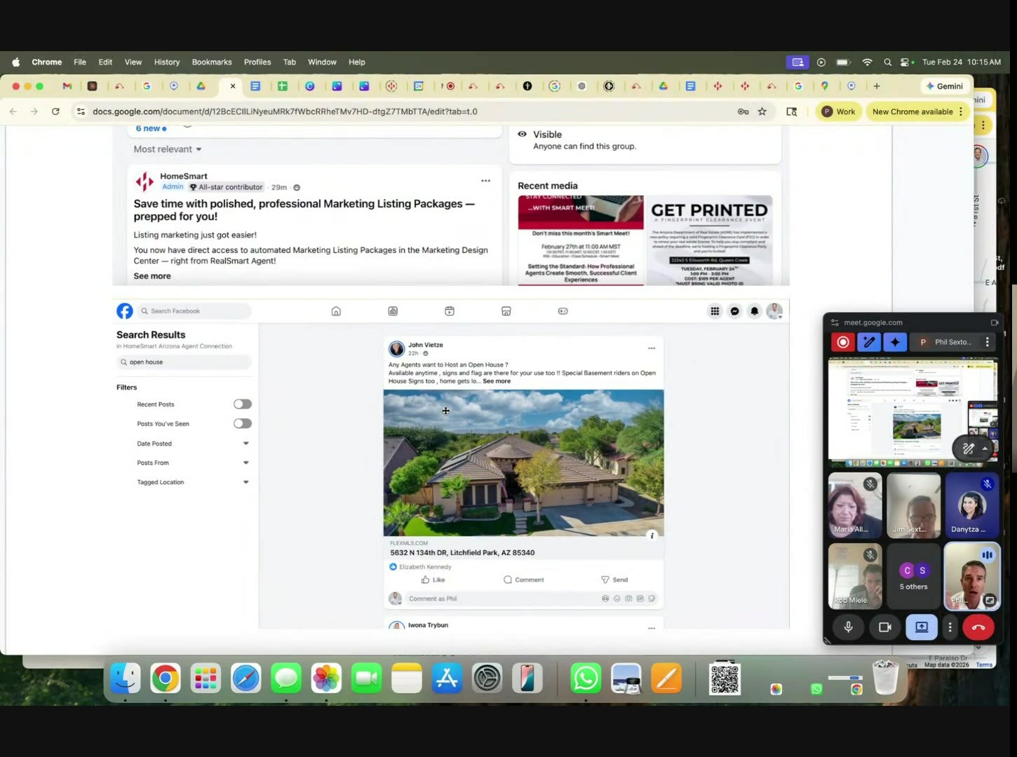 HomeSmart Agent Connection Facebook group with an "open house" search returning an agent's host-my-listing post, plus a HomeSmart admin post about Marketing Listing Packages in the Marketing Design Center